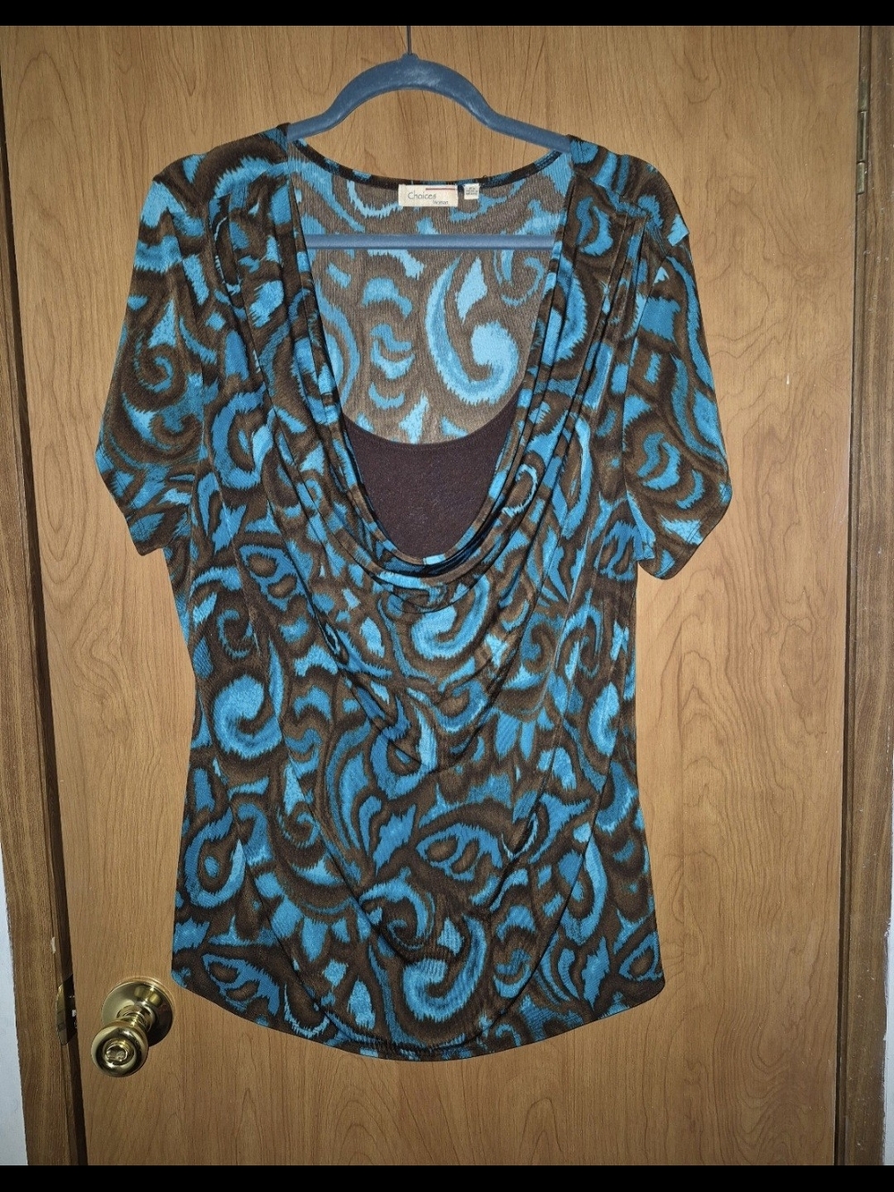Canyon River Bluess Brown & Turquoise Cowl Neck Women's Top